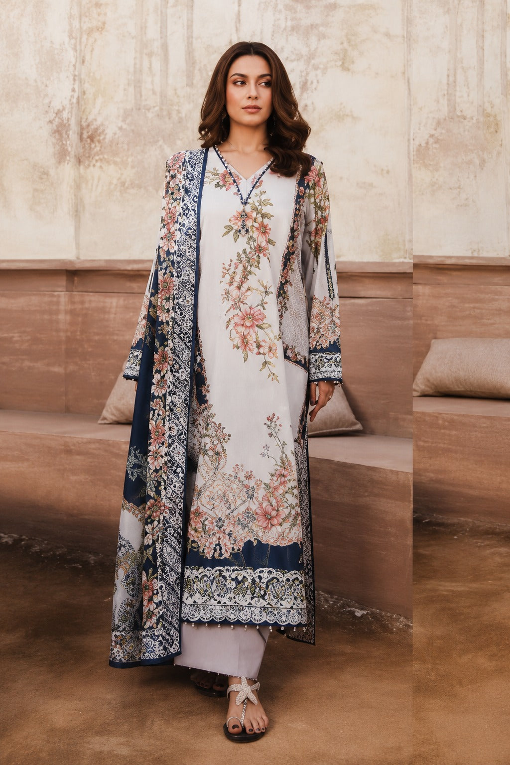 Ivory Blossom Elegance Printed Lawn Suit – 3 Piece