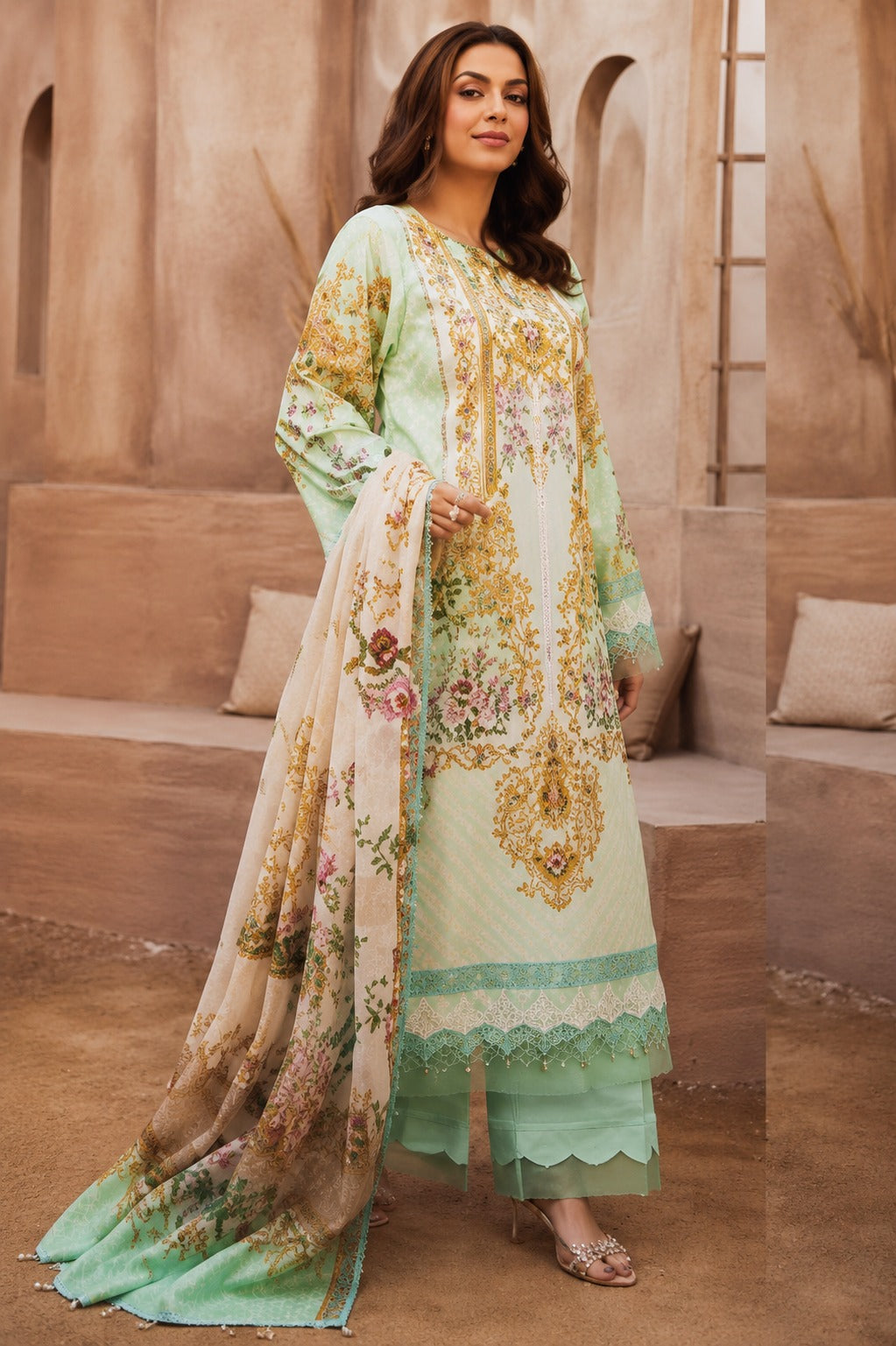 Mint Blossom Luxury Printed Lawn Suit – 3 Piece
